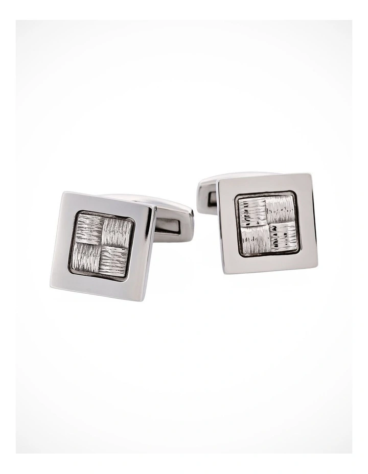Brushed Stainless Steel Cuff Links with Hessian Center Design image 2