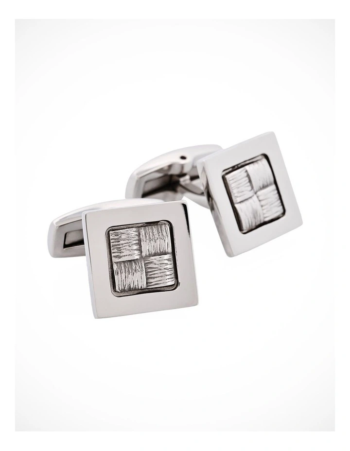 Brushed Stainless Steel Cuff Links with Hessian Center Design image 3