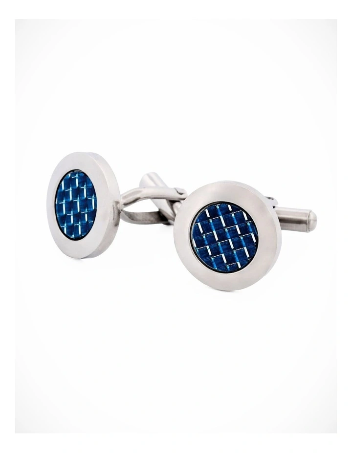 Polished Round Stainless & Blue Fibreglass Cufflinks image 1