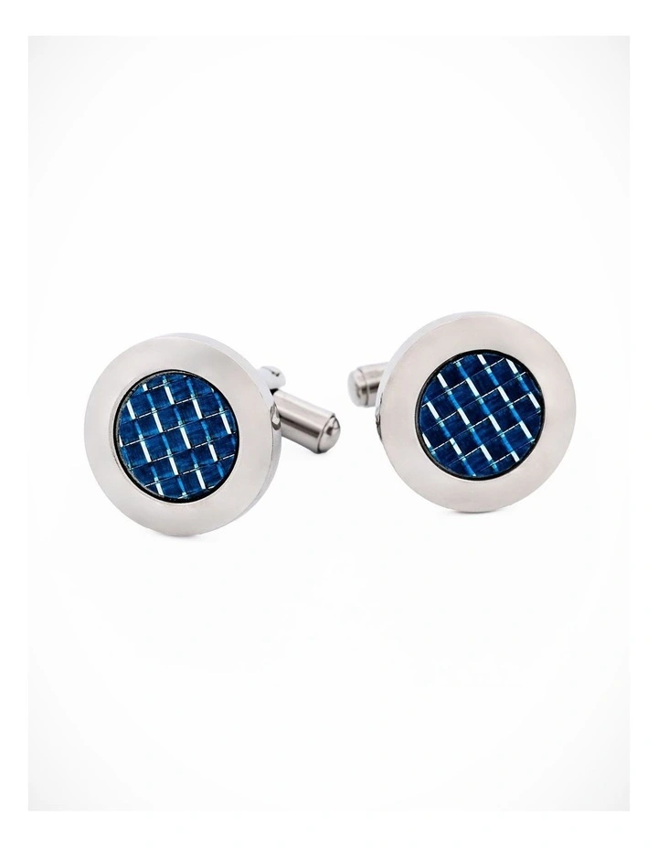 Polished Round Stainless & Blue Fibreglass Cufflinks image 2