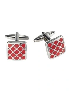 Polished Rhodium Plated Square Cufflinks with Criss-Cross Crimson Enamel Inlay