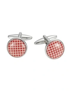 Polished Rhodium Plated Round Cufflinks with Red & White Lattice Enamel Face
