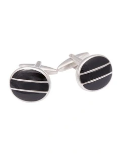 Rhodium Plated Round Curved Face Black Epoxy Cufflinks