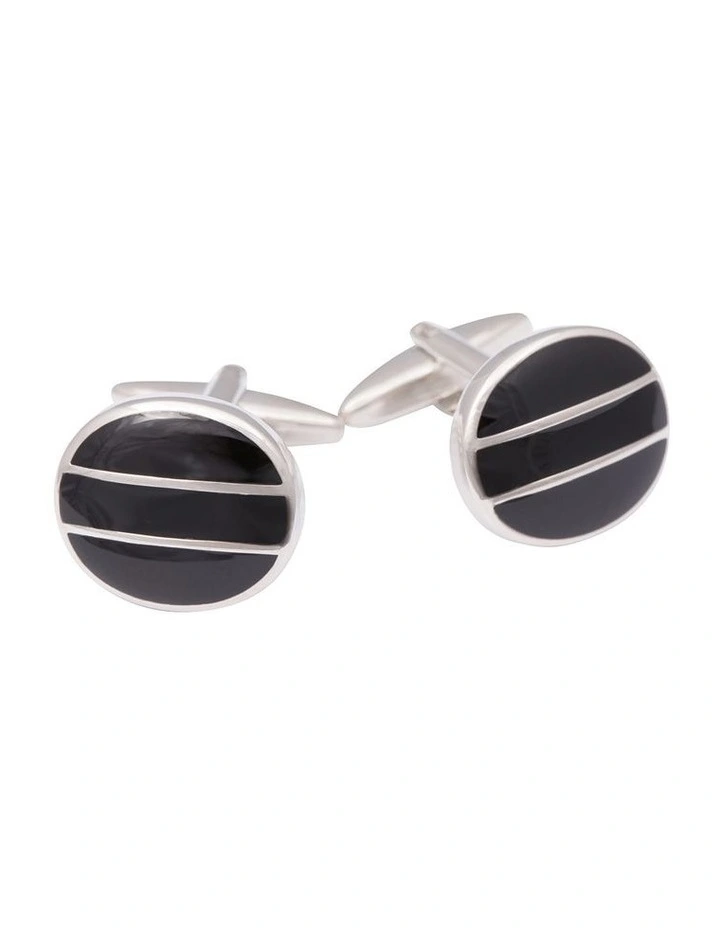 Rhodium Plated Round Curved Face Black Epoxy Cufflinks image 1
