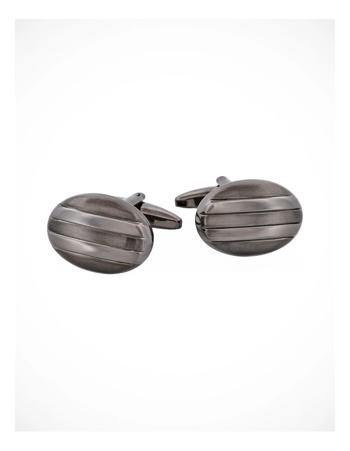 Rhodium & Gun Metal Plated Striped Oval Cufflinks image 1