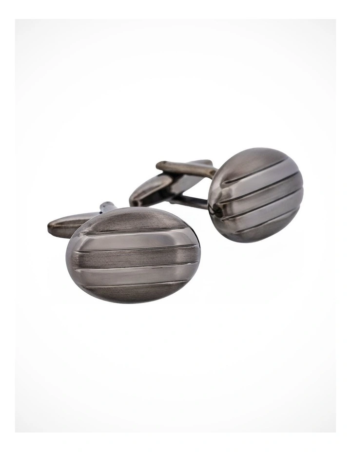 Rhodium & Gun Metal Plated Striped Oval Cufflinks image 2