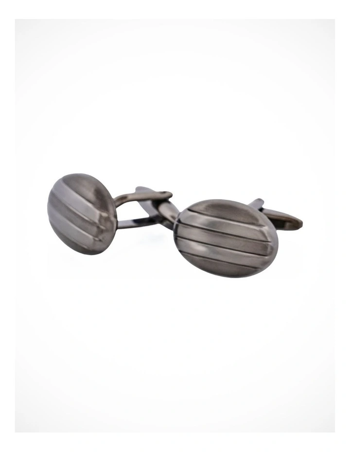Rhodium & Gun Metal Plated Striped Oval Cufflinks image 3