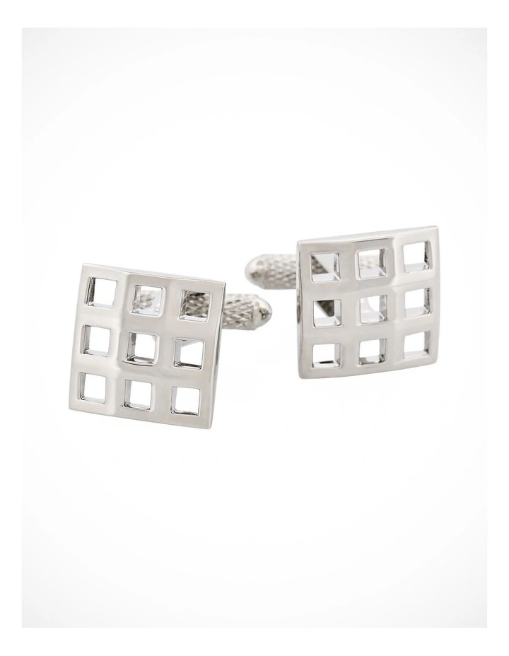 Polished Rhodium Plated Square Cutout Patterned Cufflinks image 1