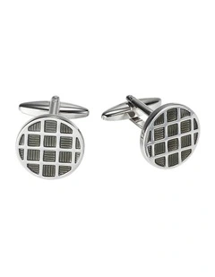 Polished Rhodium Plated Round Cufflinks with Chequered Charcoal Enamel Inlay