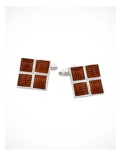 Polished Rhodium Plated Square Cufflinks with 4 Coffee Enamel Inlays