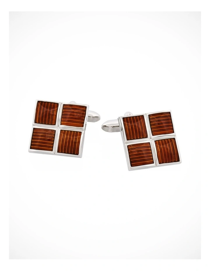Polished Rhodium Plated Square Cufflinks with 4 Coffee Enamel Inlays image 1