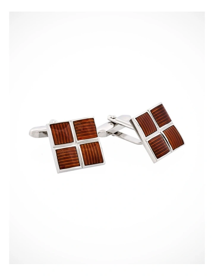Polished Rhodium Plated Square Cufflinks with 4 Coffee Enamel Inlays image 2