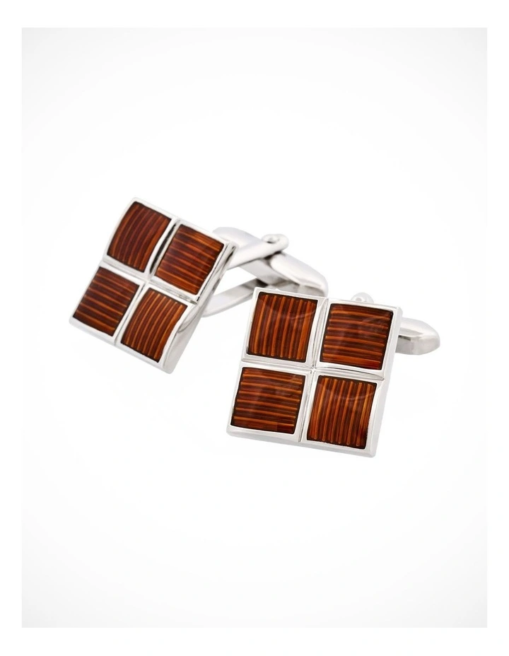 Polished Rhodium Plated Square Cufflinks with 4 Coffee Enamel Inlays image 3