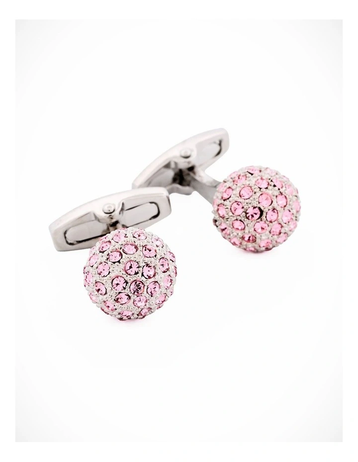 Polished Rhodium Plated Pink Crystal Ball Cufflinks image 2
