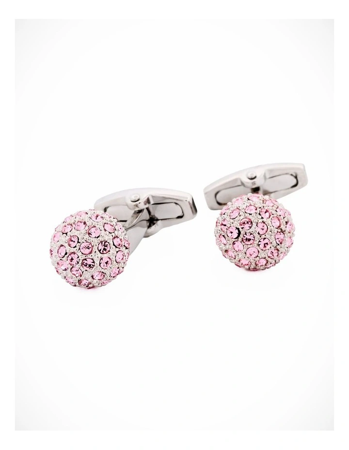 Polished Rhodium Plated Pink Crystal Ball Cufflinks image 3