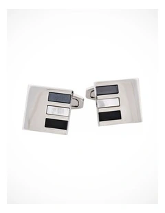Polished Rhodium Square with Hematite & Mother Of Pearl & Onyx Cufflinks