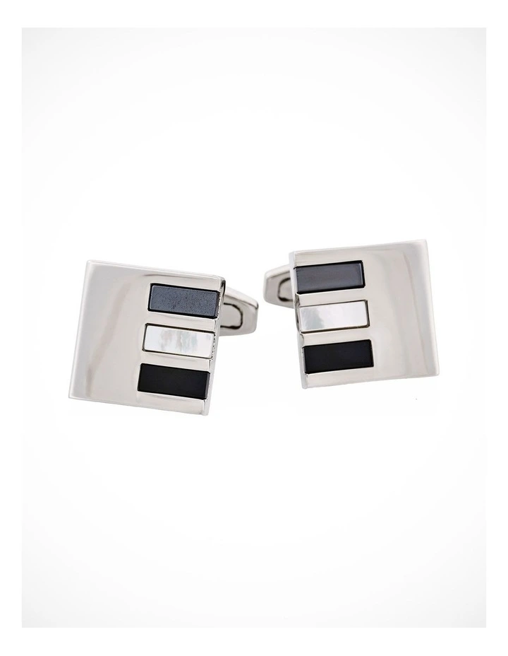 Polished Rhodium Square with Hematite & Mother Of Pearl & Onyx Cufflinks image 1