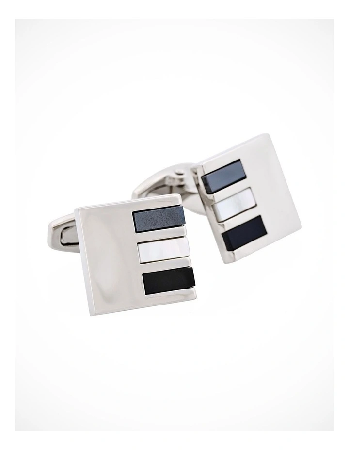 Polished Rhodium Square with Hematite & Mother Of Pearl & Onyx Cufflinks image 2