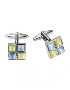 Polished Rhodium Plated Square Cufflinks with 2 Pale Blue & 2 Yellow Cats Eye Inlays