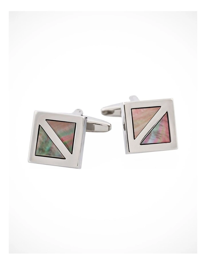 Polished Rhodium Plated Square with Grey Mother Of Pearl Inlay Cufflinks image 1