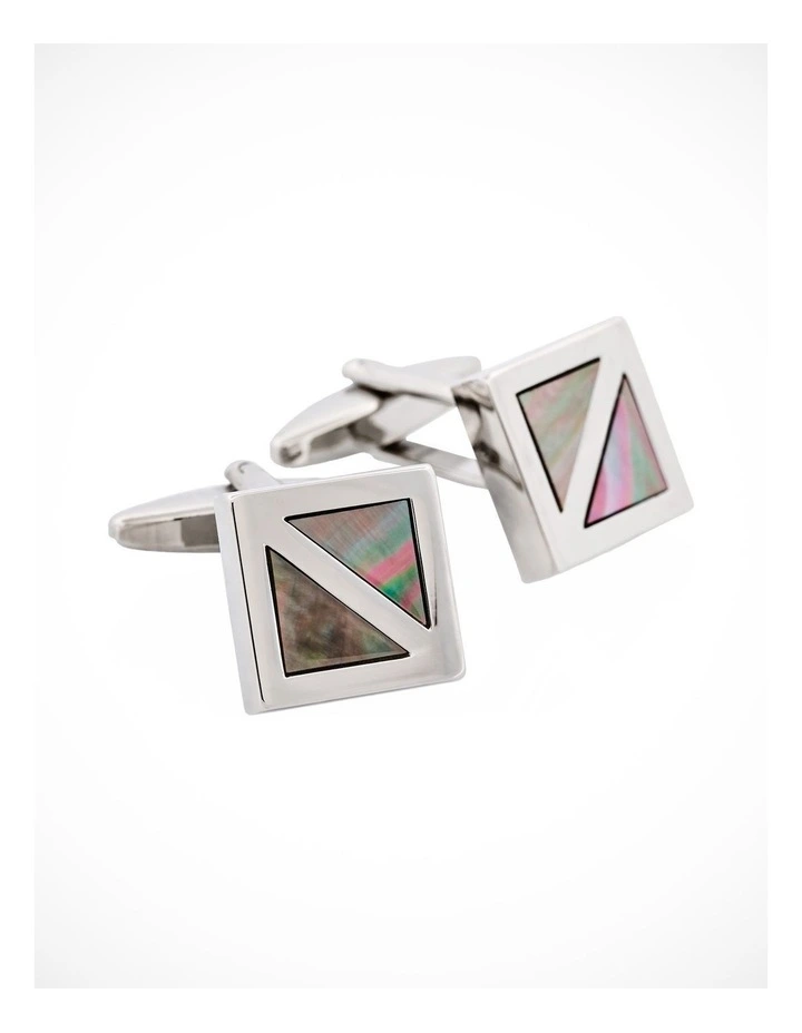 Polished Rhodium Plated Square with Grey Mother Of Pearl Inlay Cufflinks image 2