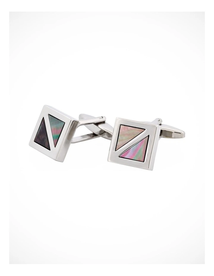 Polished Rhodium Plated Square with Grey Mother Of Pearl Inlay Cufflinks image 3