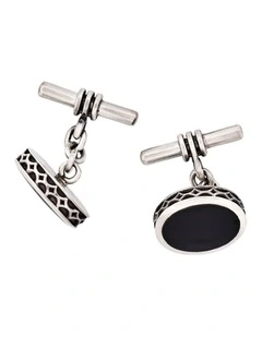 Sterling Silver Oval Cufflinks with Onyx Inlay & Vintage Edge on Chain