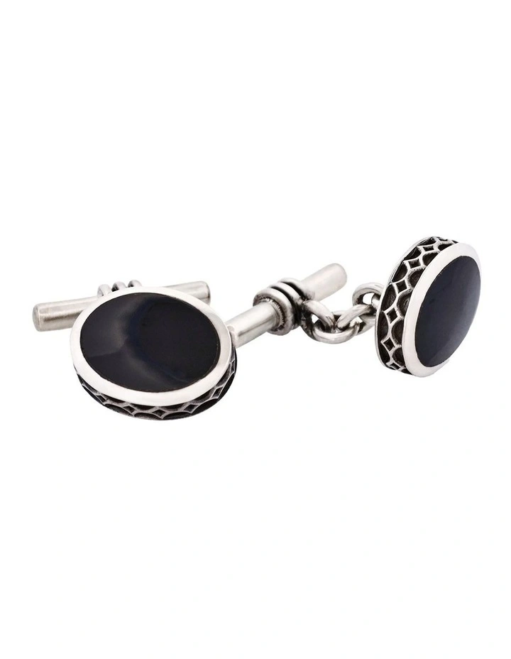 Sterling Silver Oval Cufflinks with Onyx Inlay & Vintage Edge on Chain image 2