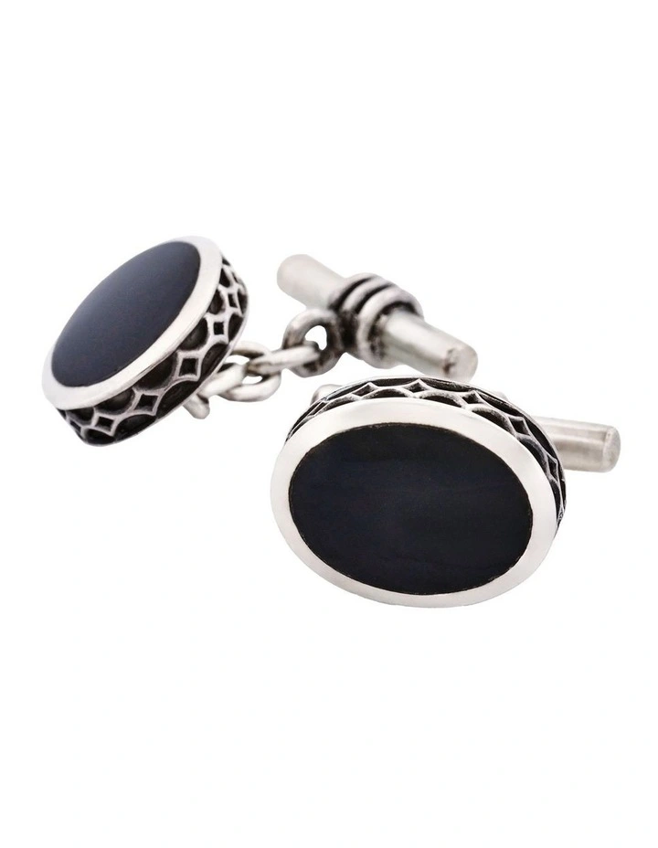 Sterling Silver Oval Cufflinks with Onyx Inlay & Vintage Edge on Chain image 3
