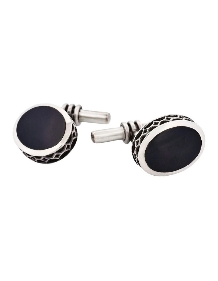 Sterling Silver Oval Cufflinks with Onyx Inlay & Vintage Edge on Chain image 4