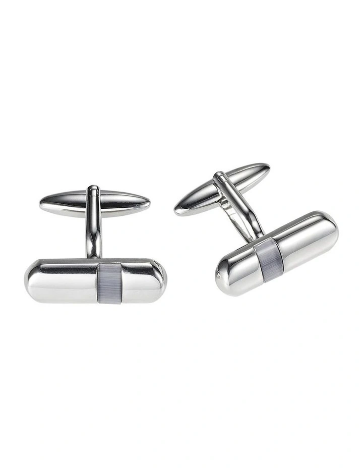 Polished Rhodium Plated & Light Grey Cats Eye Tube Cufflinks image 1