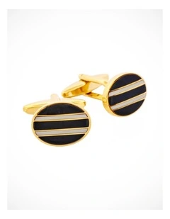 Gold Plated & Black & White Enamel Oval Cufflinks