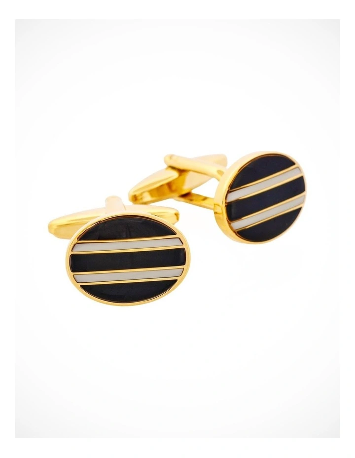 Gold Plated & Black & White Enamel Oval Cufflinks image 1
