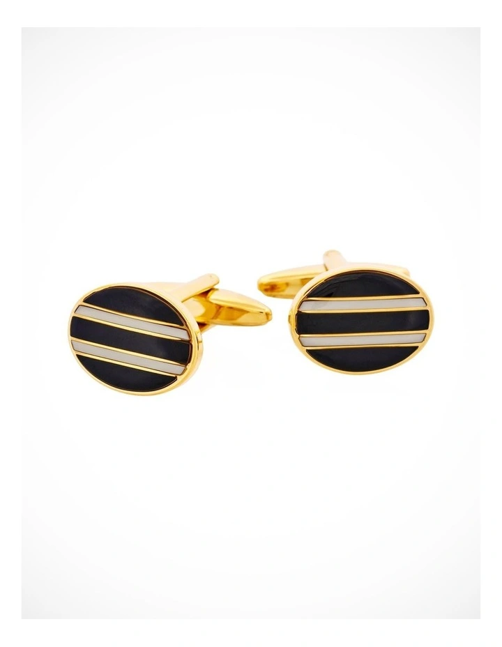 Gold Plated & Black & White Enamel Oval Cufflinks image 2