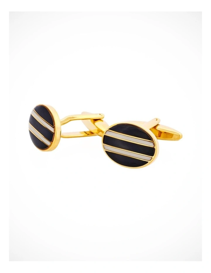 Gold Plated & Black & White Enamel Oval Cufflinks image 3