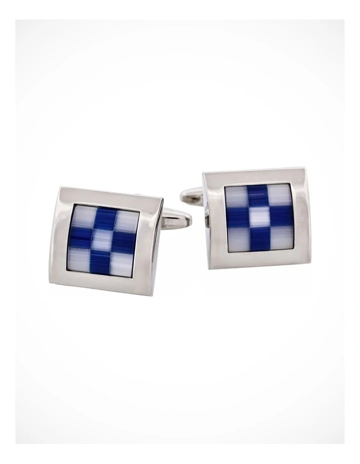 Navy & White Check Cats Eye Cufflinks image 1