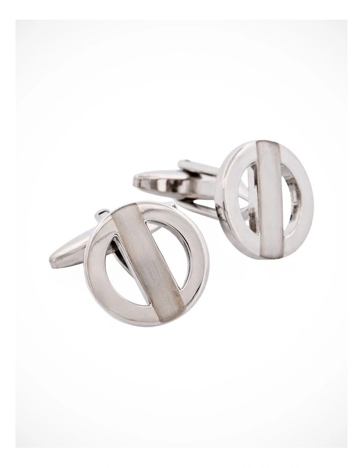 Brushed & Polished Rhodium Plated Metro Round Cutout Cufflinks image 2