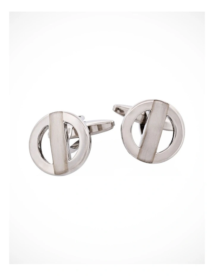 Brushed & Polished Rhodium Plated Metro Round Cutout Cufflinks image 3