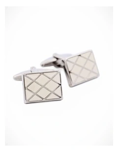 Polished Rhodium Plated Square Cufflinks with Criss Cross White Enamel Inlay