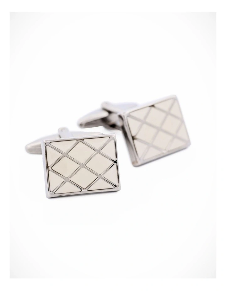 Polished Rhodium Plated Square Cufflinks with Criss Cross White Enamel Inlay image 1