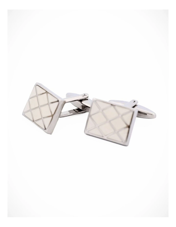 Polished Rhodium Plated Square Cufflinks with Criss Cross White Enamel Inlay image 2