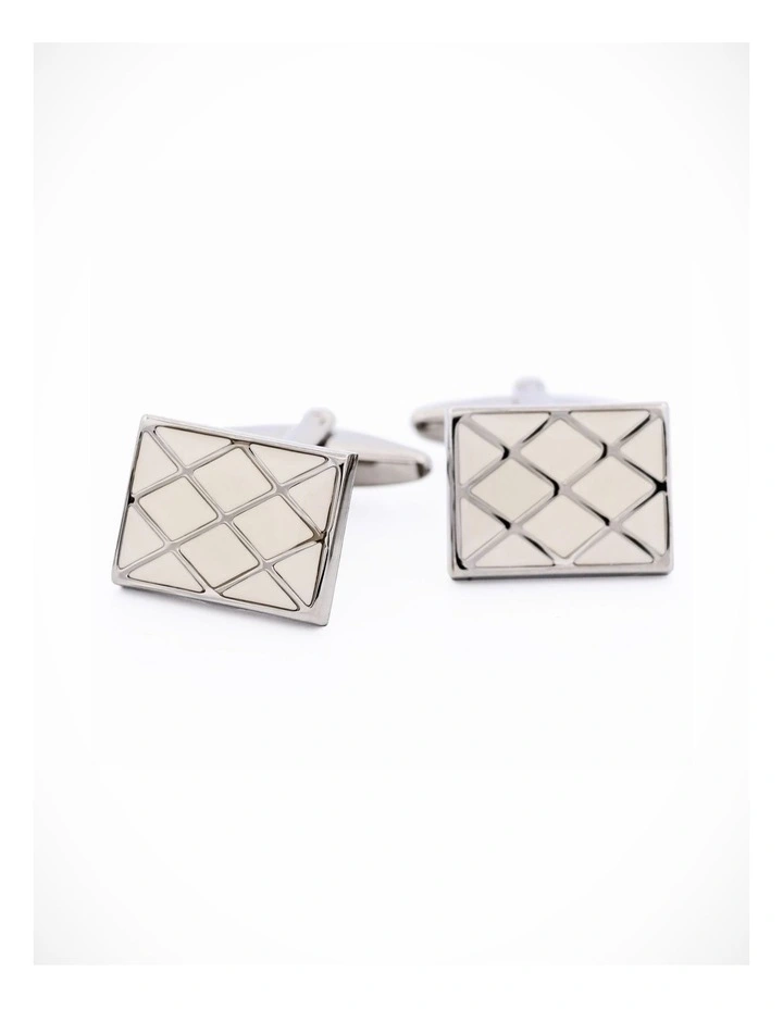 Polished Rhodium Plated Square Cufflinks with Criss Cross White Enamel Inlay image 3