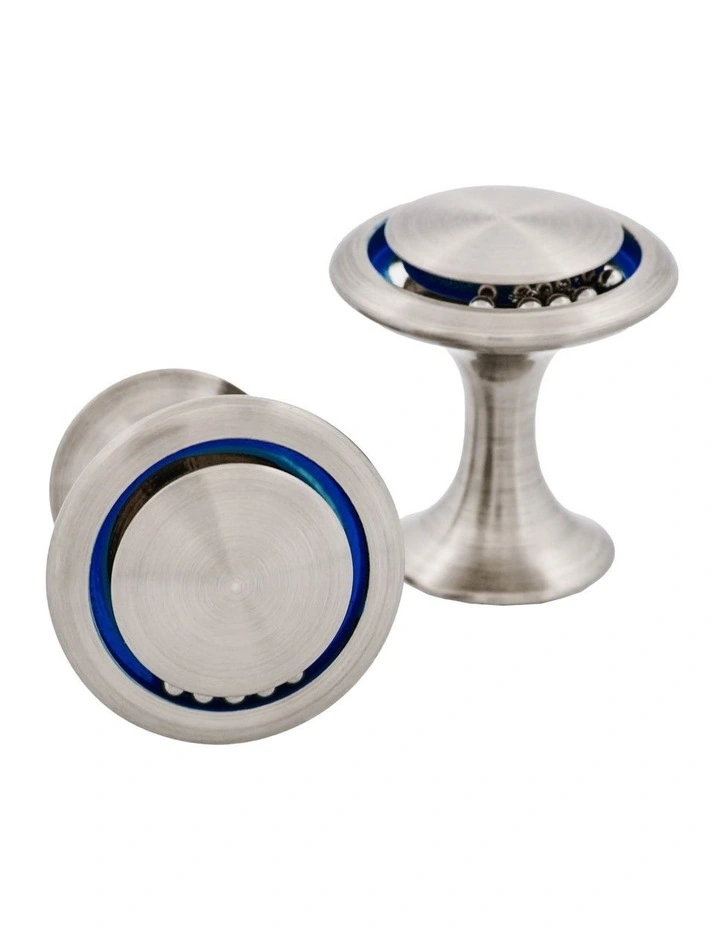 Rhodium Round & Blue Enamel Cufflinks image 2