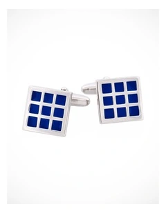 Rhodium Plated Blue Enamel Check Patterned Cufflinks