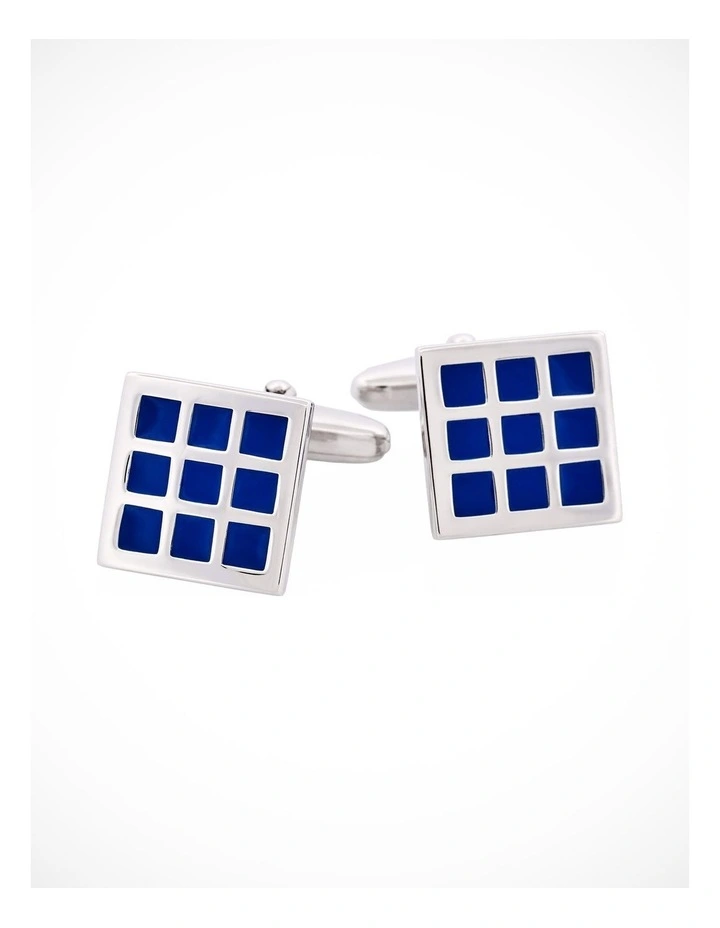 Rhodium Plated Blue Enamel Check Patterned Cufflinks image 1