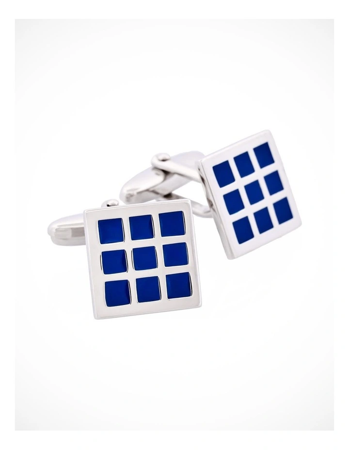 Rhodium Plated Blue Enamel Check Patterned Cufflinks image 2