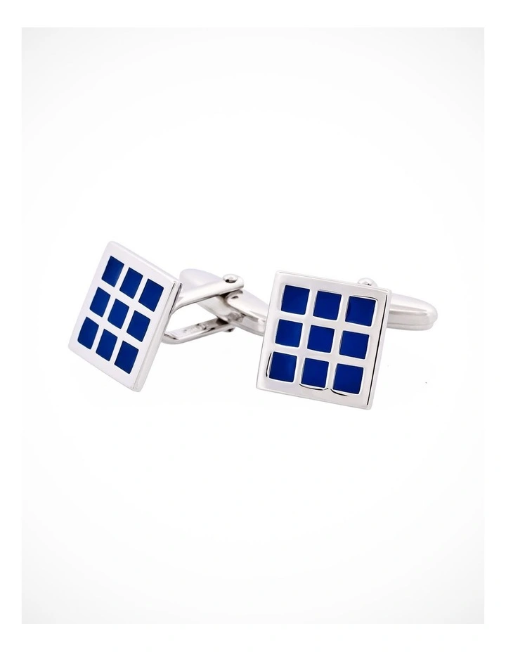 Rhodium Plated Blue Enamel Check Patterned Cufflinks image 3