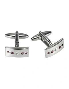 Polished Rhodium Plated Rectangle Cufflinks with Light Purple & White Austrian Crystals
