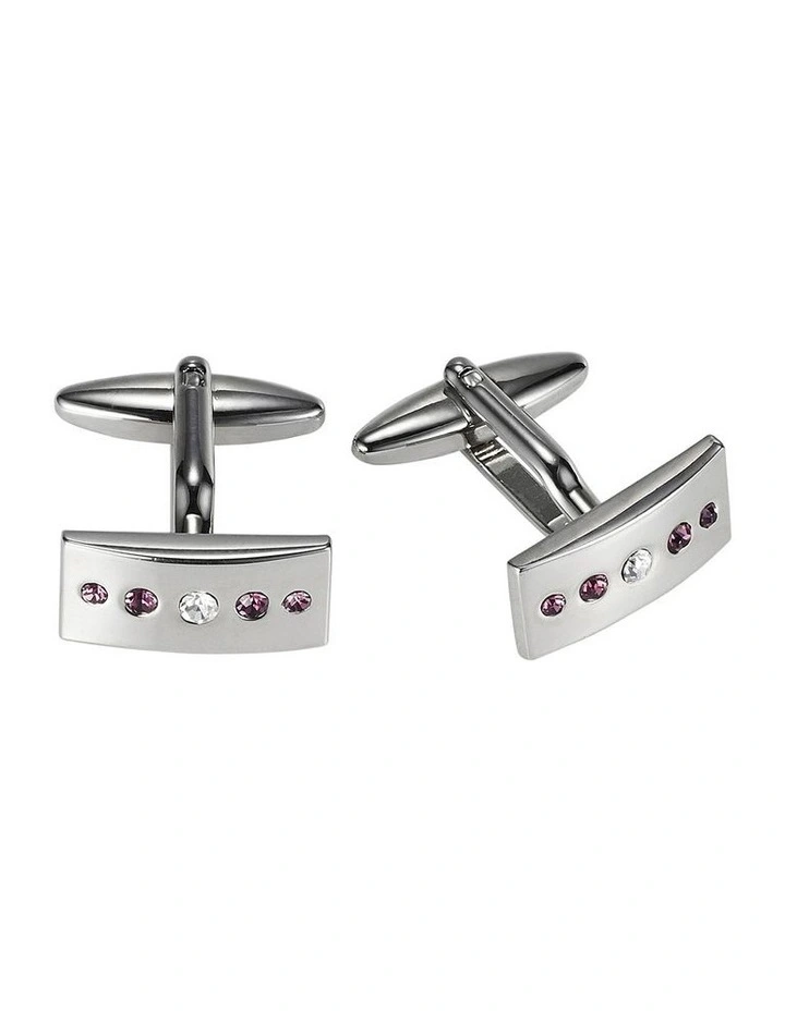 Polished Rhodium Plated Rectangle Cufflinks with Light Purple & White Austrian Crystals image 1