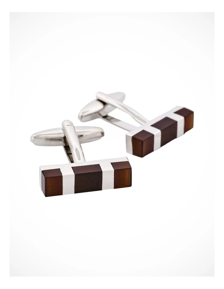 Rhodium Plated Brown Cats Eye Rectangle Cufflinks image 2
